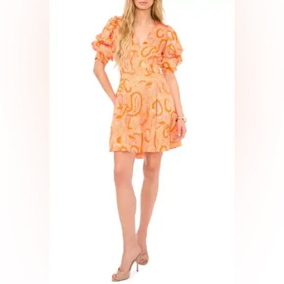 NEW 1.STATE Printed V-Neck Tiered Bubble Puff Sleeve Mini Dress Orange Size XS - Picture 11 of 11